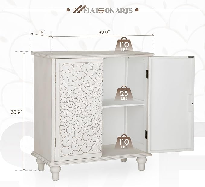 MAISON ARTS White Accent Cabinet with 2 Doors, Farmhouse Distressed Storage Cabinet w/Solid Wood Legs for Living Room Entryway, Kitchen Sideboard Buffet Cabinet, Feather Pattern
