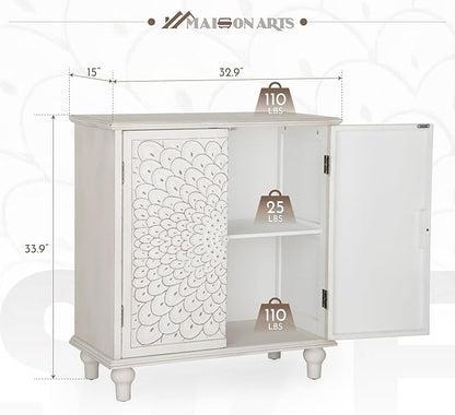 MAISON ARTS White Accent Cabinet with 2 Doors, Farmhouse Distressed Storage Cabinet w/Solid Wood Legs for Living Room Entryway, Kitchen Sideboard Buffet Cabinet, Feather Pattern