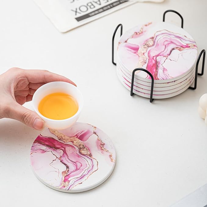 Ceramic Drink Coasters Set of 6 with Holder, Modern Marble Absorbent Ceramic Coasters, Round Ceramic Table Coasters for Home Decor Coffee Kitchen (4 Inches), Pink