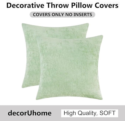 decorUhome Chenille Sage Green Spring Throw Pillow Covers 26x26 Inch Set of 2, Decorative Soft Couch Pillow Covers Solid Dyed Accent Farmhouse Neutral Square Pillow Cases for Sofa