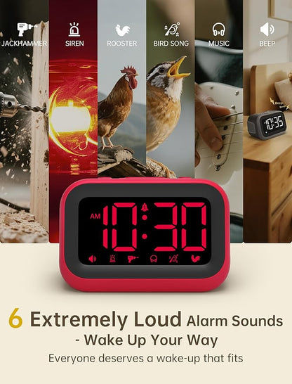 Loud Alarm Clock for Heavy Sleepers: 115dB Dual Alarms with 6 Unique Sounds for Bedroom Dorm Room Use - On-Time Wake Up for Teen College Students - Red
