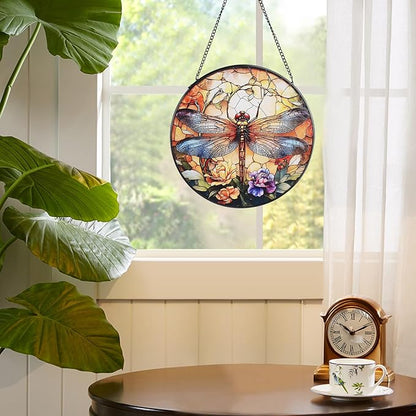 Dragonfly Stained Glass Window Hanging, 7.8" Round Boho Sun Catcher Hand Painted Wall Art Decor with Chain, Unique Housewarming Gifts for Couples, Home