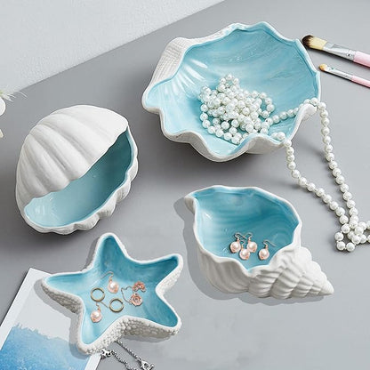 Ceramic Conch Jewelry Dish Tray Shell Trinket Dish Ring Holder Ocean Coastal Decor Jewelry Tray Decorative Tray Key Bowl for Jewelry Birthday Party Easter Gift Hom Room Beachy Decor (E STYLE)