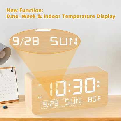 Wooden Digital Alarm Clock for Bedroom -Desk Clock with Date, Day of Week, Temperature, Dual Alarms, Dimmer, USB Port Charge, DST, Adjustable Volume for Living Room/Office Wood Decor (Bamboo)