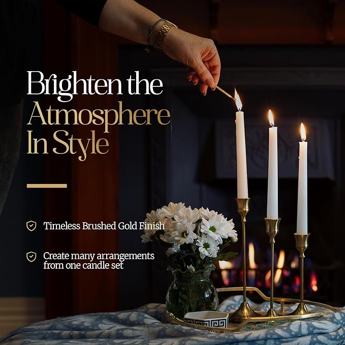 Gold Candleholders for Taper Candlesticks Plus Candle Snuffer – Dining Table Décor Centrepiece - Brass Candelabra Candlestick Holder - Gold Décor for Home Weddings Celebrations Events (Set of 6 Pcs)