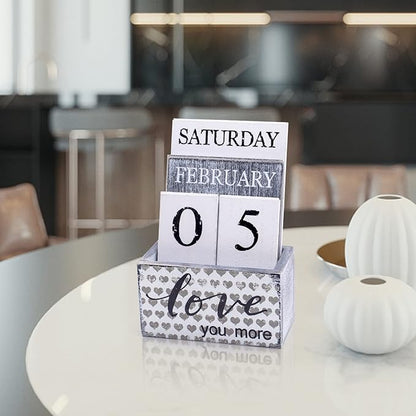 Notakia Perpetual Calendar Wooden Calendar Blocks Vintage Wood Block Calendar for Home Office Desk Accessories Week Month Date Display (Love you more)
