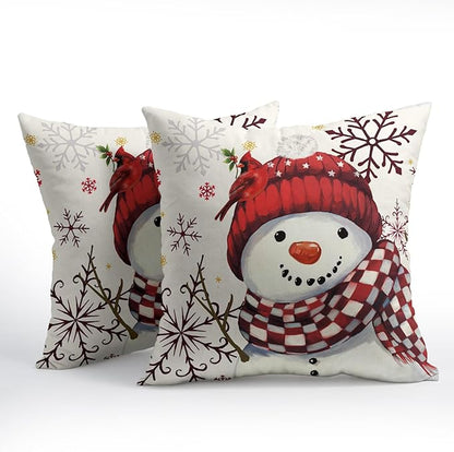 Christmas Pillow Covers 16x16 Set of 2 Red Snowman Throw Pillow Covers Winter Pillowcase Linen Decoration Farmhouse Bird Cozy Soft Cushion Case Couch for Indoor Outdoor Home Decor