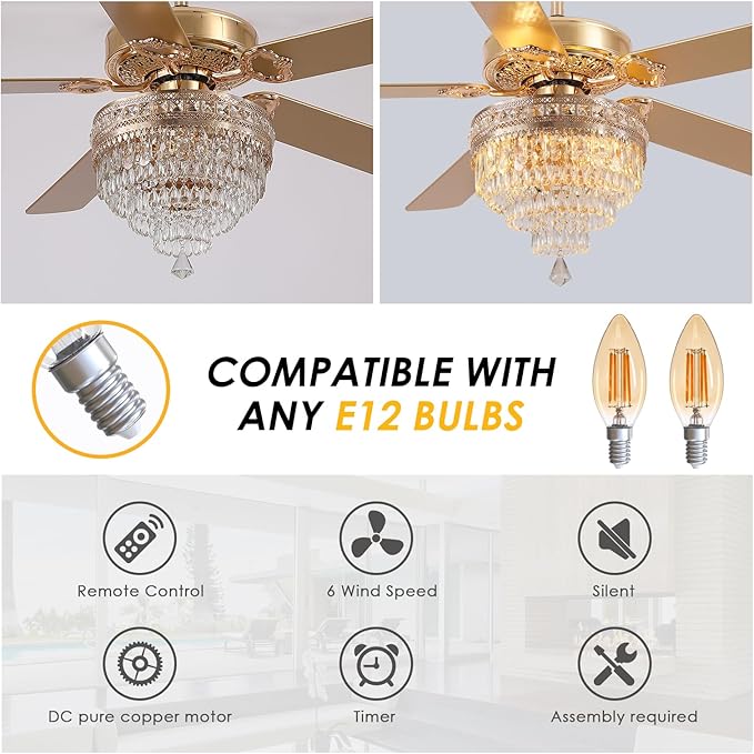 Asyko Crystal Ceiling Fan Fandelier with Lights - 62" Modern Outdoor Fans with Remote Control，Noiseless DC Motor, Retro/Farmhouse Lighting, Dining Room,Living Room (Gold