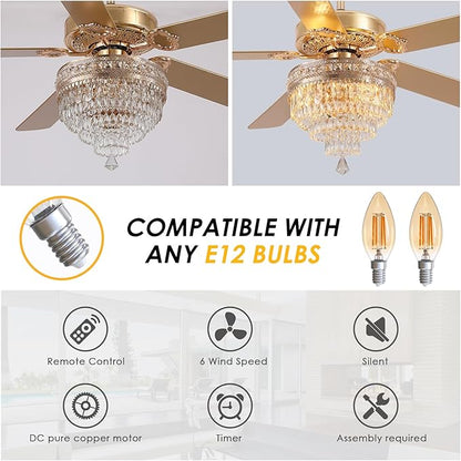 Asyko Crystal Ceiling Fan Fandelier with Lights - 62" Modern Outdoor Fans with Remote Control，Noiseless DC Motor, Retro/Farmhouse Lighting, Dining Room,Living Room (Gold