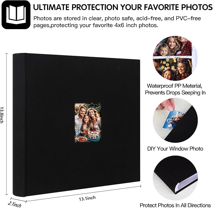 Photo Album 4x6 600 Photos with Writing Space,4 x 6 Photo Book Linen Cover with Front Window, 4x6 Picture Album, 600 Photos Photo Album Book for Wedding Kids Travel Family Baby Pictures (Black)