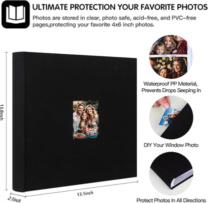 Photo Album 4x6 600 Photos with Writing Space,4 x 6 Photo Book Linen Cover with Front Window, 4x6 Picture Album, 600 Photos Photo Album Book for Wedding Kids Travel Family Baby Pictures (Black)