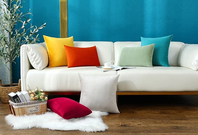mixeoo Comfy Mustard Yellow Throw Pillow Covers Decorative Square Solid Thick Velvet Super Soft Cushion Cases Home Decor for Sofa Couch Living Room Chair, Set of 2, 18 x 18 Inch