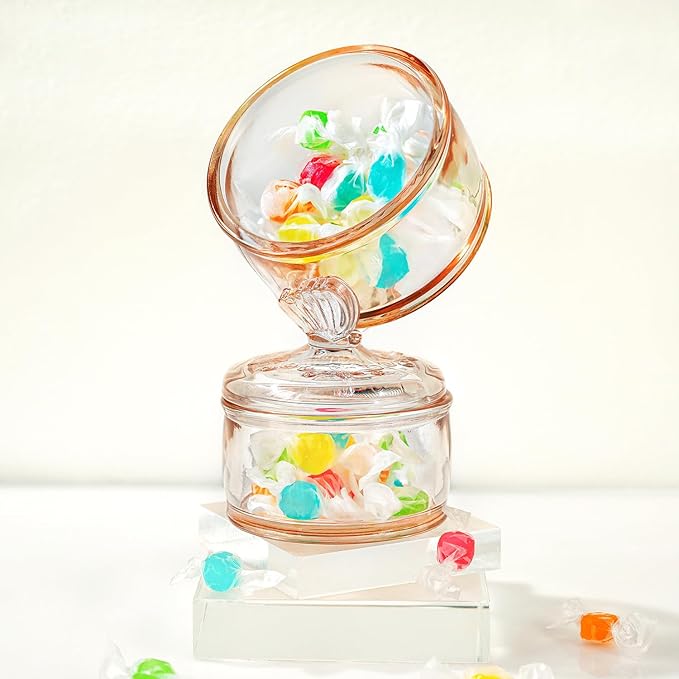 kanpura Embossed Glass Candy Dish with Lid Covered Candy Dish Decorative Glass Jars Jewelry Box for Christmas Party Buffet Decorative(Pink Coffee)