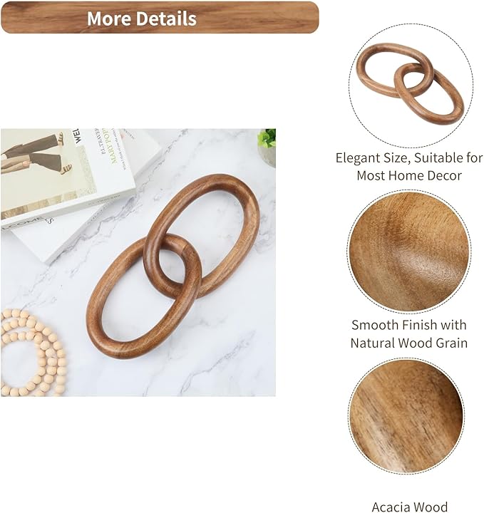 Acacia Wood Chain Link Decor, Natural Wooden Knot Shelf Decors for Coffee Table, Bookshelf, Console Table Decorations, Decorative Handcrafted Modern Home Accent, 13x6 Inch