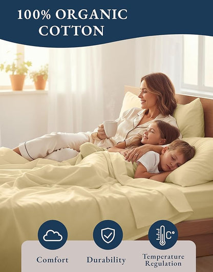 LANE LINEN 100% Organic Cotton Twin Bed Sheet Set, Soft, Comfy & Breathable Hotel Style Percale Bedding Sheets & Pillowcases Set, Mercerized Cotton Fully Elasticized Sheets Twin- Vanilla