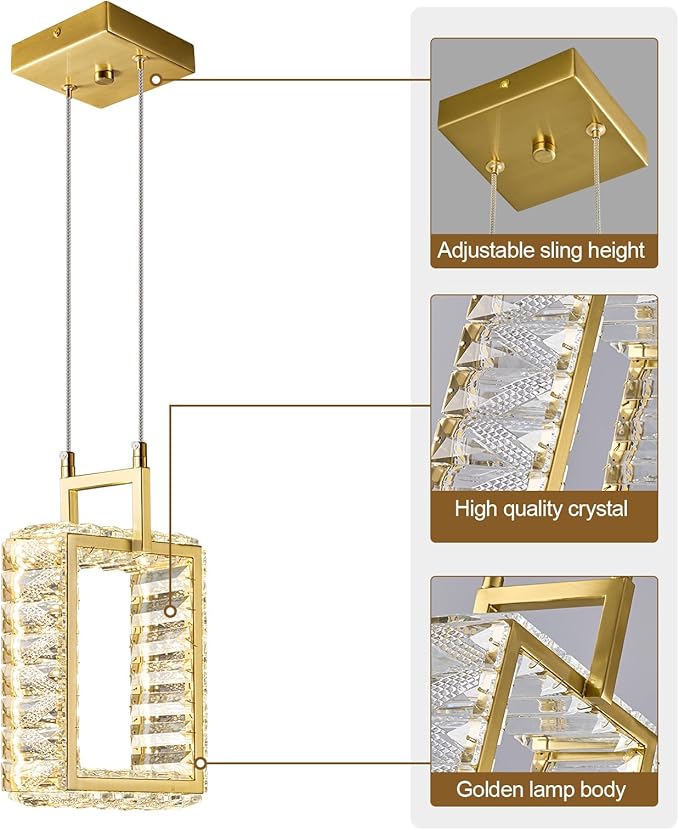 Kitchen Island Mini Light Fixture Modern Led Crystal Pendant Light Gold Rectangle Chandelier for Dining Room Living Room Kitchen Bedroom Bar（1-Pack）