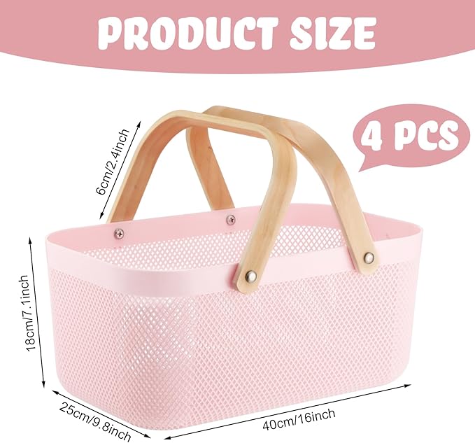 Sadnyy 4 Pcs Plastic Mesh Garden Harvest Basket Storage Basket with Wooden Handle Multi Functional Mesh Bin for Kitchen Cabinet Picnic Fruit Vegetable Gathering Organizer(Large,Pink)