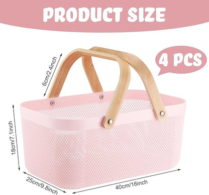 Sadnyy 4 Pcs Plastic Mesh Garden Harvest Basket Storage Basket with Wooden Handle Multi Functional Mesh Bin for Kitchen Cabinet Picnic Fruit Vegetable Gathering Organizer(Large,Pink)