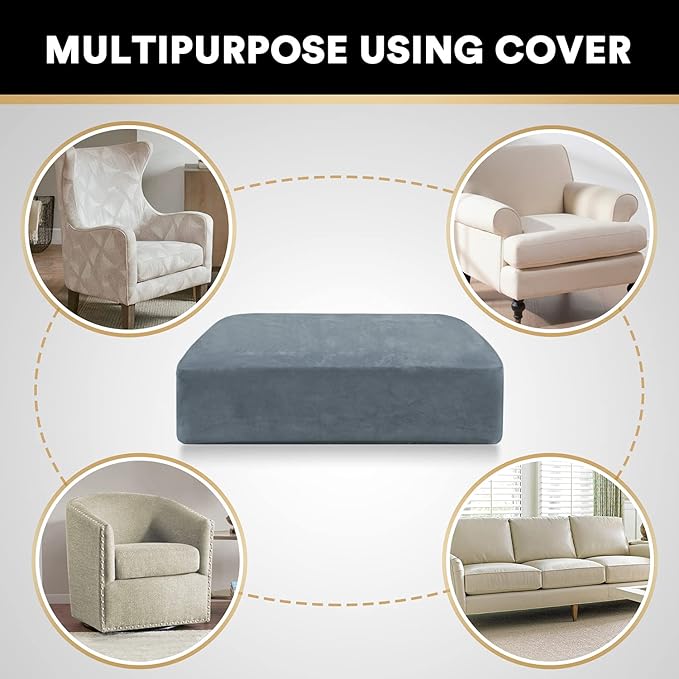 PrinceDeco Stretch Velvet Couch Cushion Cover,Soft Cushion Slipcover for Chair Cushion Fitted Sofa Cover Furniture Protector for Sectional Cushion Cover (Width Up to 29.5", Stone Blue)