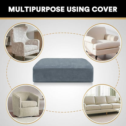 PrinceDeco Stretch Velvet Couch Cushion Cover,Soft Cushion Slipcover for Chair Cushion Fitted Sofa Cover Furniture Protector for Sectional Cushion Cover (Width Up to 29.5", Stone Blue)