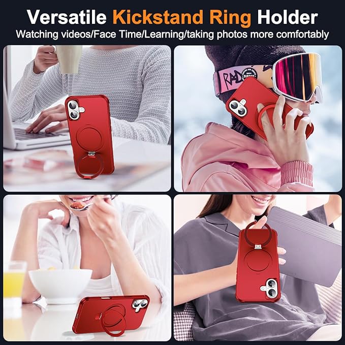 Compatible with iPhone 16 Case with Invisible Magnetic O-Ring Stand Military-Grade Case for iPhone 16 6.1" [Compatible with Mag-Safe][Great Grip Feeling], Red