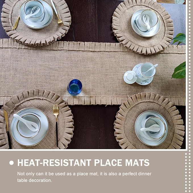 2Pcs Round Woven Jute Placemats with Ruffled Edges Retro Rustic Insulated Table Mats Non-Slip Decorative Place Mats for Dining Kitchen Parties and Restaurants