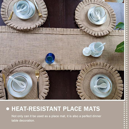 2Pcs Round Woven Jute Placemats with Ruffled Edges Retro Rustic Insulated Table Mats Non-Slip Decorative Place Mats for Dining Kitchen Parties and Restaurants