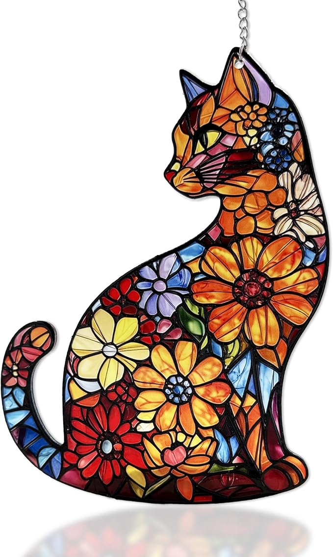 Cat Stained Glass Suncatcher Window, Hanging Sun Catchers Indoor Window, Suncatcher for Mom/Women (Black Cat)