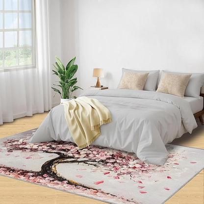 Graffiti Tree Washable Rugs 3x5 Rug for Living Room, Pink Petals 3x5 Rug Oil Painting Art Low-Pile Carpet for Bedroom Dining Non Slip Mat with Rubber Back