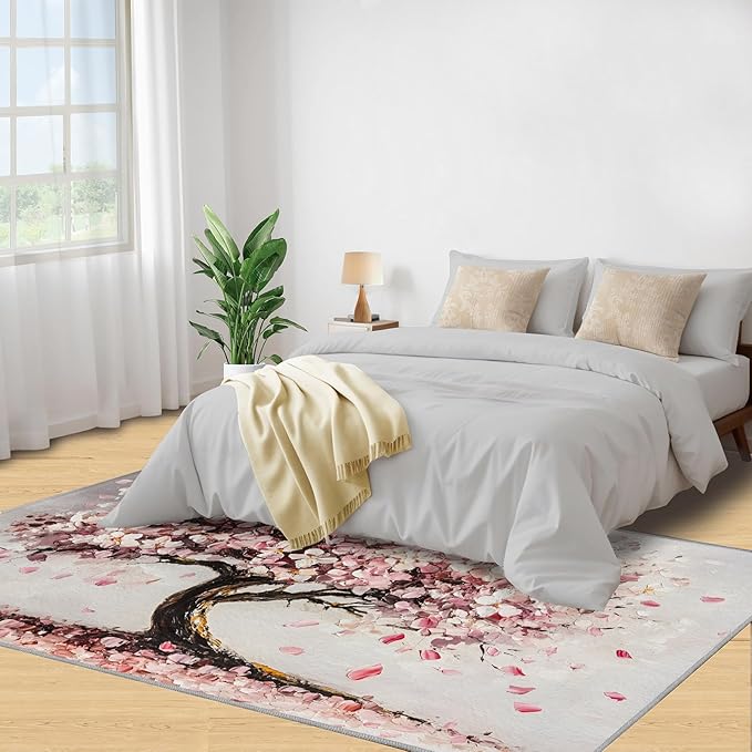 Graffiti Tree Washable Rugs 5x6 Rug for Living Room, Pink Petals 5x6 Rug Oil Painting Art Low-Pile Carpet for Bedroom Dining Non Slip Mat with Rubber Back
