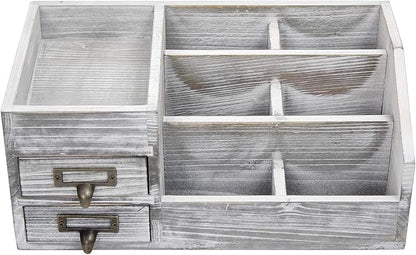 Distressed Rustic Wooden Office Desktop Organizer Wood Shelf Tabletop Home Organizer Storage with Multiple Compartments 2 Tier Drawers,perfect Jewelry storage Display Box for Desk, Vanity (gray)