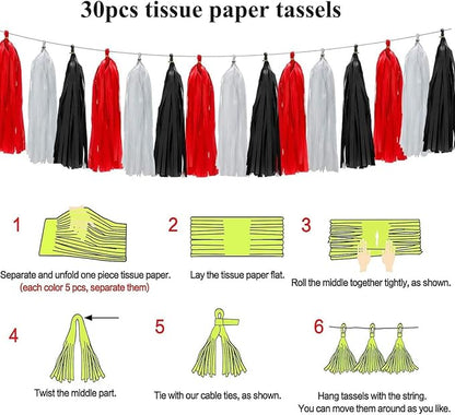 30pcs Paper Tassels Garland Banner Tissue Paper Tassel DIY Hanging Paper Decorations Party Tassel Garland Decor Baby Shower Nursery Wedding Festival Baby Shower Decoration(30, White+Black+red)