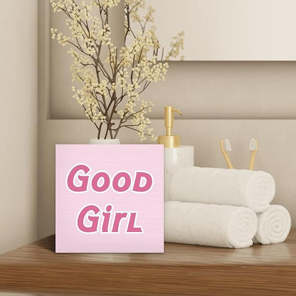 Trendy Coquette Wood Box Sign Desk Decor, Girly Pink Preppy Decor, Good Girl Wooden Block Sign Decorations for Home College Apartment Teen Girl Room Bedroom Living Wall Tabletop Shelf Decor