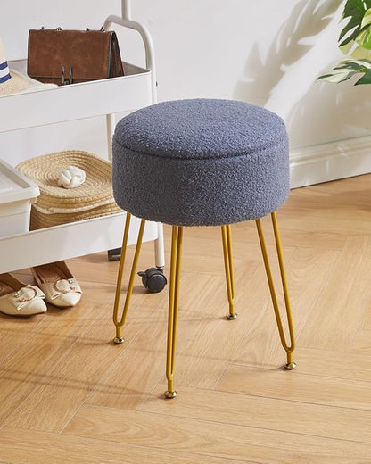 IBUYKE Teddy Velvet Storage Footrest Stool Ottoman, Makeup Vanity Stool Side Table with Removable Cover, Golden Steel Legs, Coffee Table Top Cover, Gray Blue WBD010BU