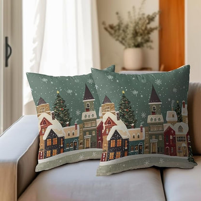 Christmas Snoflake Pillow Covers 18x18 Set of 2 Green House Throw Pillow Covers Winter Pillowcase Linen Decoration Farmhouse Cozy Soft Cushion Case Couch for Indoor Outdoor Home Decor