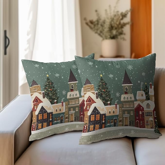 Christmas Snoflake Pillow Covers 16x16 Set of 2 Green House Throw Pillow Covers Winter Pillowcase Linen Decoration Farmhouse Cozy Soft Cushion Case Couch for Indoor Outdoor Home Decor