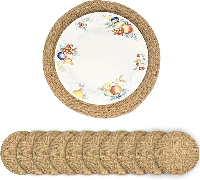 13.8 Inch Round Jute Placemats Set of 10 – Boho Rustic Woven Table Mats & Charger Plates, Heat Resistant & Easy to Clean, Handwoven Farmhouse Table Decor for Dining, Kitchen, Weddings & Home