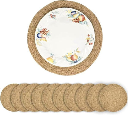 13.8 Inch Round Jute Placemats Set of 10 – Boho Rustic Woven Table Mats & Charger Plates, Heat Resistant & Easy to Clean, Handwoven Farmhouse Table Decor for Dining, Kitchen, Weddings & Home