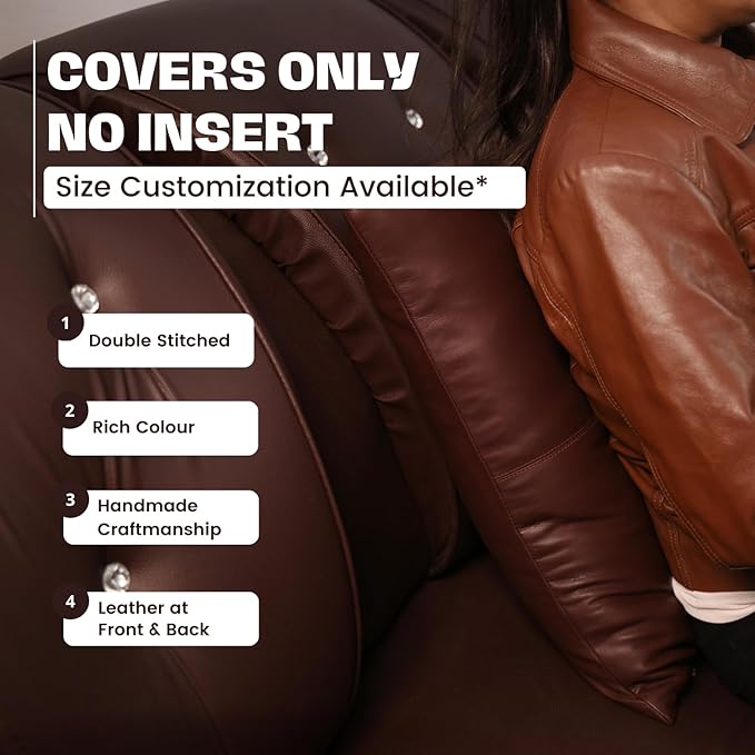 D DOLLY LAMB Lambskin Leather Pillow Cover - Sofa Cushion Case - Decorative Throw Covers for Living Room & Bedroom, 14x14 Inches - Dark Brown Plain Pack of 2