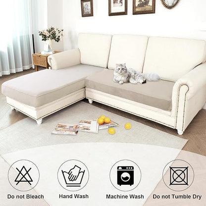 NAISI Waterproof Couch Cushion Covers Thick Velvet Fabric Washable Sofa Slipcovers 1 Piece Individual Sectional Couch Covers with Elastic Bottom(1 PC for 2-Seat Cushion or Loveseat,Light Taupe)