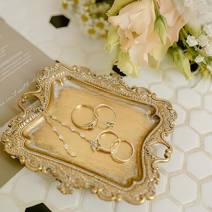 Small Antique Tray Jewelry Ring Dish, French Decor Gold Vintage Trinket Jewelry Holder, Antique Home Decor Display Trays Gifts for Women, Wedding, Birthday, Mother's Day Gifts for Women