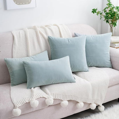 HWY 50 Baby Blue Velvet Throw Pillow Covers 18x18 Inch, Pack of 2 Soft Cozy Solid Decorative Luxury Cushion Cases for Couch Sofa Bed Living Room Bedroom