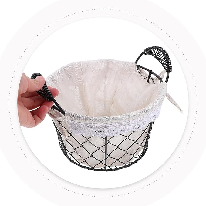 SAFIGLE Iron Wire Basket with Handle and Fabric Liner, Metal Storage Basket for Fresh Eggs and Bread Serving, Rustic Fruit Organizer for Kitchen and Coffee Table
