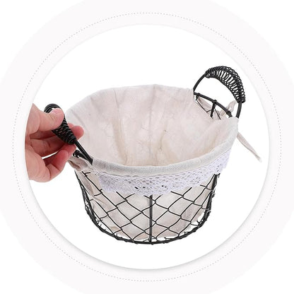 Housoutil Wire Basket with Fabric Liner and Handle, Rustic Metal Storage Basket for Bread, Candy, and Fruit, Multi-use Organizer for Kitchen and Table Decor