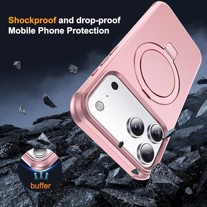 Compatible with iPhone 17 Pro Max Case with Invisible Magnetic O-Ring Stand Military-Grade Phone Case for iPhone 17 ProMax 6.9" [Compatible with Mag-Safe][Great Grip Feeling], Rose Gold