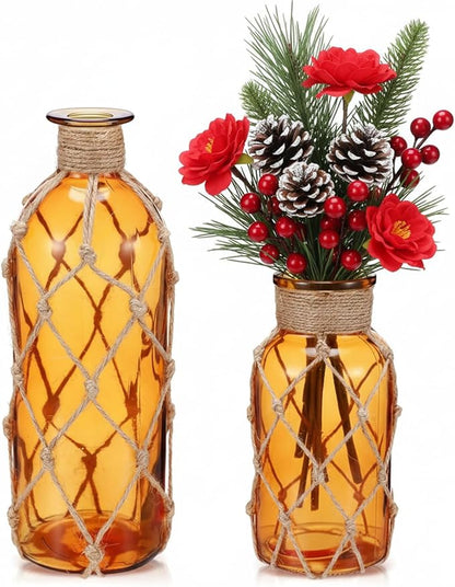 Chuangdi Set of 2 Coastal Glass Vases Christmas Vases for Flowers with Boho Rope Christmas Centerpieces for Tables Small Beach Bottle for Nautical Wedding Floral Arrangement Decorations(Amber)