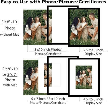 8x10 Picture Frame with 5x7 Mat Set of 2, Display Photo 5x7 with Mat or 8x10 without Mat, 8 by 10 Wall Poster Photo Frame with Shatter Resistant Plexiglass for Wall or Tabletop, 2 Pack, Black