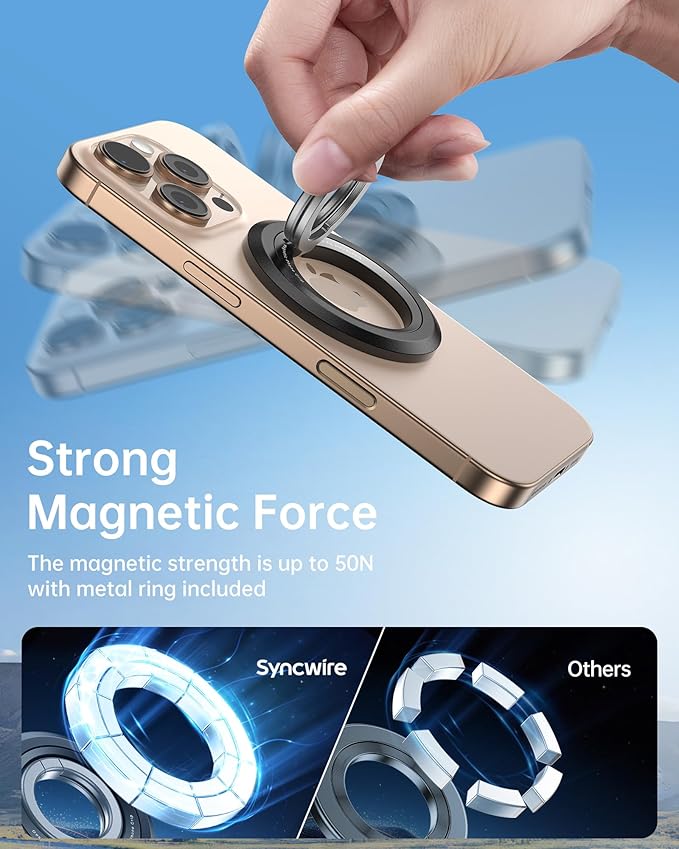 SYNCWIRE for MagSafe Phone Grip, 360° Rotation Magnetic Cell Phone Grip Magnetic Ring Holder Kickstand Mag Safe Ring Stand Compatible with iPhone 17 16 15 14 13 12 Pro Max MagSafe Accessories Android