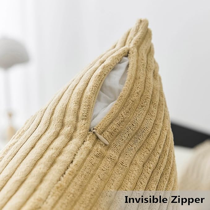 Home Brilliant Set of 2 Decorative Plush Velvet Corduroy Striped Throw Euro Pillow Sham Cushion Cover for Sofa, 26x26 inches, Taupe