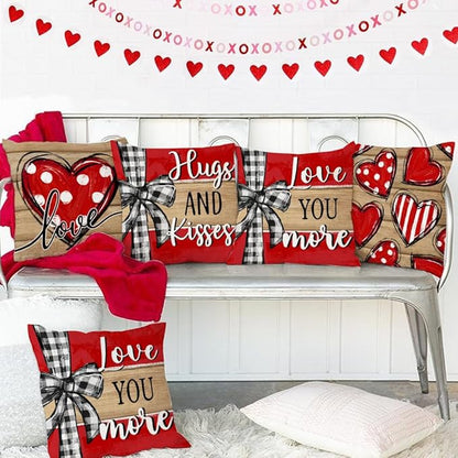 GEEORY Valentine's Day Love You More Hugs and Kisses Throw Pillow Covers 16x16 Inch Set of 4, Red Hearts Stripes Decorative Farmhouse Wedding Cushion Case for Home Decoration G652-16